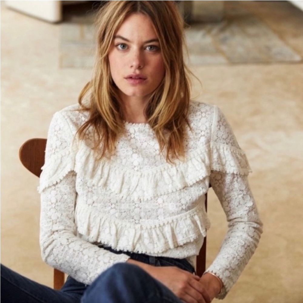 Sezane Ninon Ivory Lace Ruffle Blouse Long Sleeve Ruffle 38/ US 6